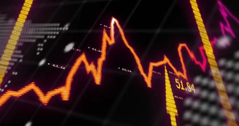 Neon finance dashboard showing rising orange line, yellow volume bars, pink trend line