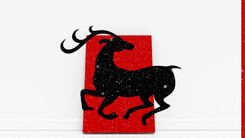 Silhouette of Reindeer with Falling Snowflakes on Red and White Background