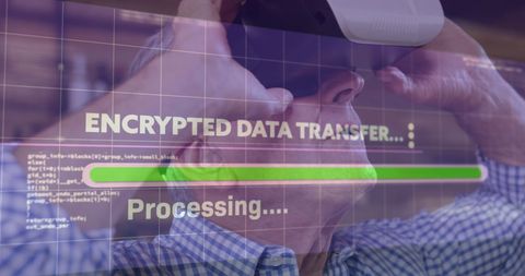 Older Man Using VR Headset Encrypted Data Visualization