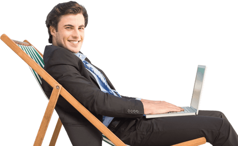Caucasian Businessman Relaxing with Laptop on Transparent Background