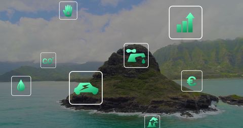 Eco-Friendly Technology Icons Overlaying Scenic Island Landscape