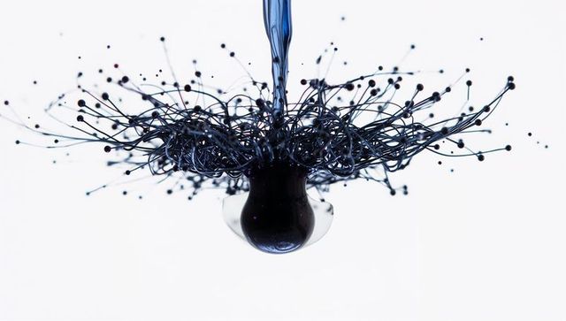 Freezing dark droplet forming filament crown splash high-speed macro liquid art