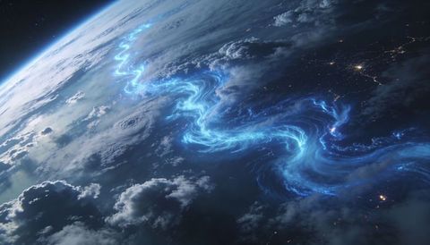 Glowing cyan aurora river wrapping planet horizon from orbit, futuristic energy stream