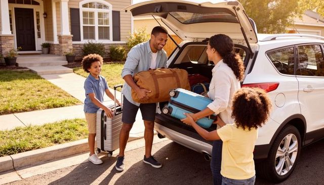 Smiling family loading luggage into suv on sunny suburban street preparing for road trip