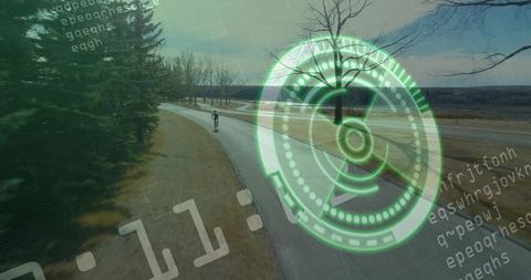 Teen Cyclist Riding Curved Park Trail with Futuristic HUD Overlay and Code Graphics
