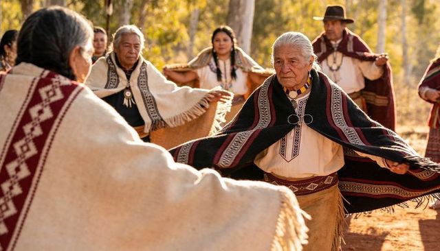Elder leading traditional ritual dance wearing dark poncho and beaded regalia in woodland clearing