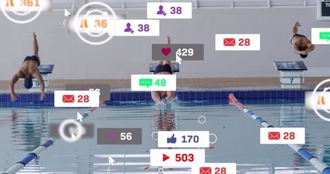 Competitive diver entering water with ar social media overlays over indoor pool action