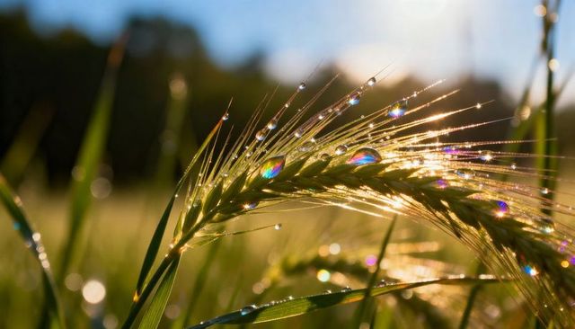Backlit dew-covered barley head refracting sunlight into rainbow droplets macro meadow