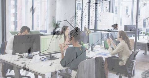 Digital Data Overlay in Modern Office Workspace - Download Free Stock Images Pikwizard.com