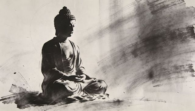 Serene buddha silhouette meditating in ink wash on textured paper with brushwork