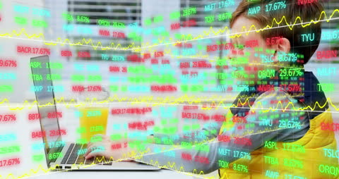 Child Engaged with Digital Financial Data Visualization on Laptop