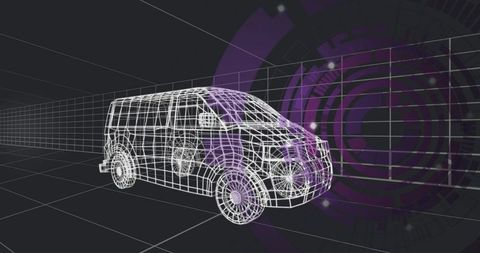 Futuristic van wireframe model with hud interface and grid plane