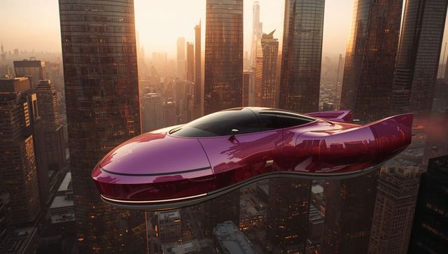 Futuristic Magenta Hover Vehicle Above Skyscrapers at Sunset