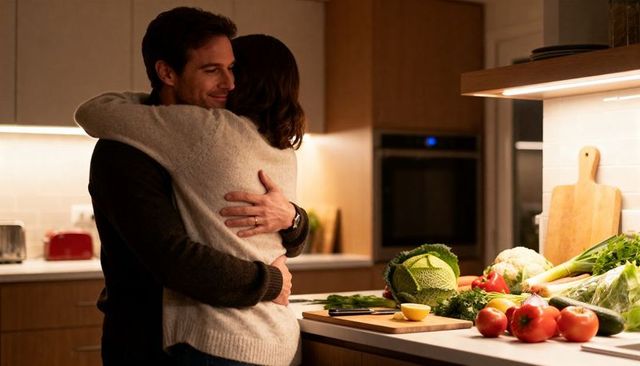Couple embracing in cozy kitchen while preparing fresh vegetables on island