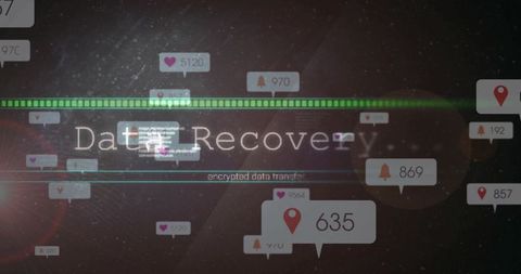Data recovery dashboard showing encrypted transfer progress, notifications, glitch effects