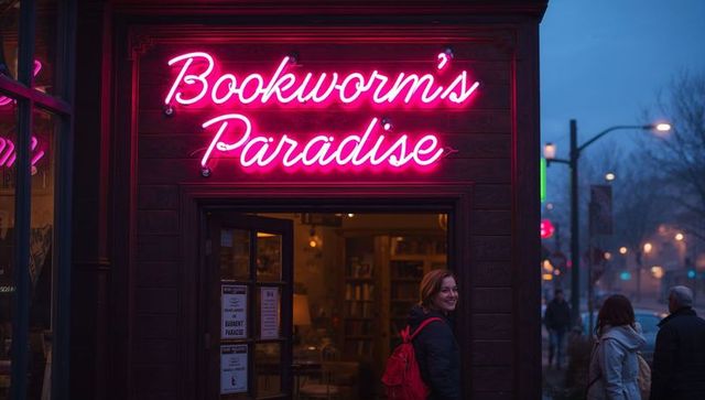 Smiling woman returning to neon-lit bookstore doorway with red backpack on misty city street at dusk