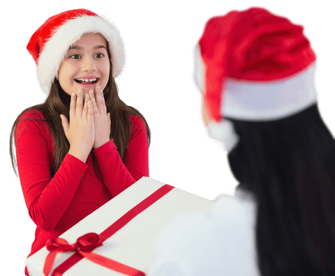 Caucasian girl receiving christmas gift on transparent background