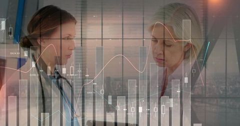 Female doctors analyzing clinical and financial charts with urban skyline backdrop