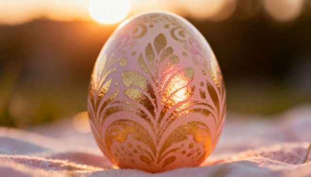 Glowing pastel pink egg with gold filigree reflecting sunset light on soft blanket