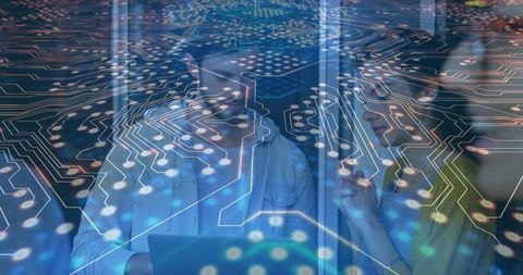 Innovative teamwork in digital world with circuit overlay