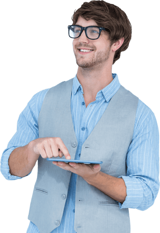 Smiling Man in Glasses Using Tablet with Positive Expression in Transparent Background