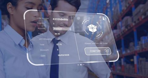 Colleagues reviewing holographic ar order interface in warehouse for logistics and fulfillment