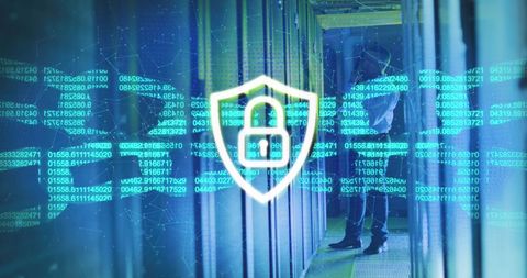 The image features a digital padlock symbolizing network and data protection against a backdrop of a man working in a server room. This represents concepts such as cybersecurity, data encryption, and information technology infrastructure. Useful for illustrating topics related to digital security solutions, cyber threat management, or IT services.