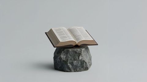 Open hardcover book on rock in minimalist studio