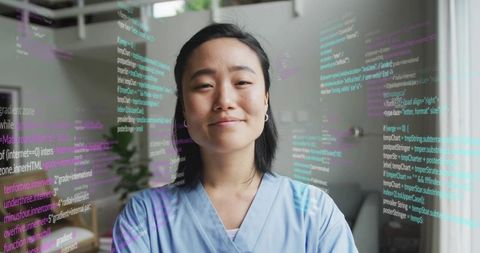 Smiling Medical Professional Interacting with Data in Home Environment
