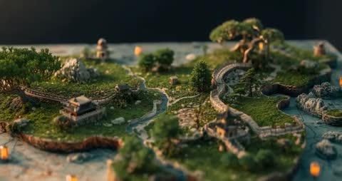 Intricate Model of Island with Temple and Lantern Floats