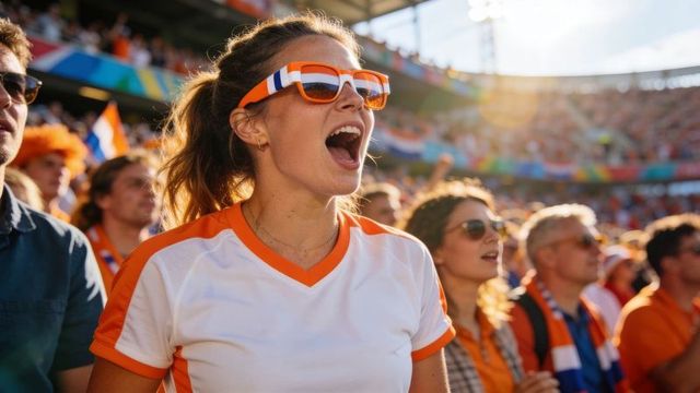 Female soccer fan cheering in orange sunglasses and jersey amid sunny stadium crowd