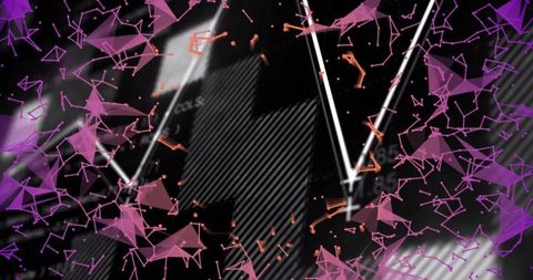 Futuristic neon network with glowing v hands, purple geometric mesh, triangular grid