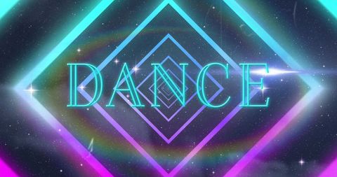 Futuristic neon dance text on cosmic background