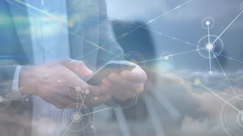 Businessman Using Smartphone with Network Data Overlay