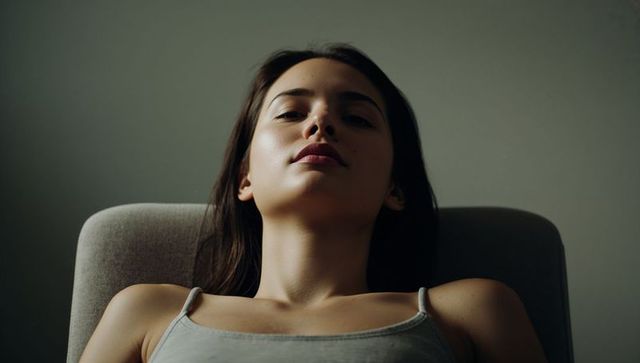 Reclining young woman in soft moody light wearing gray tank top minimal portrait