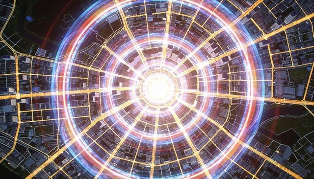 Glowing radial city grid radiating neon concentric rings from central core