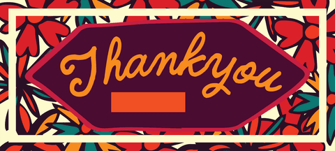 Colorful thank you card with floral elements on transparent background
