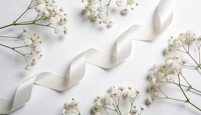 Ivory satin ribbon curling across white surface with gypsophila baby's breath blooms