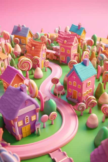 Depicting a vibrant and imaginative village full of candy-like houses and curved paths, this image conveys a surreal and fantasy scene. Ideal for marketing materials, children's books, creative design projects, or as thematic decor showcasing whimsical and playful environments.