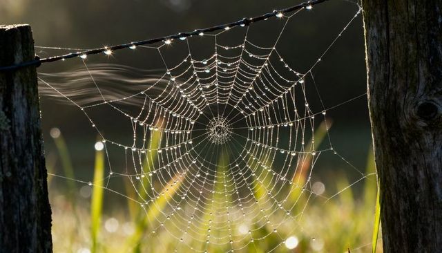 Dew-beaded orb spider web catching morning backlight between rustic fence posts