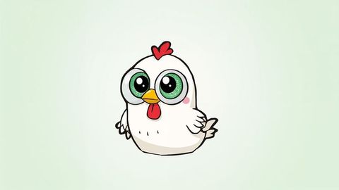Whimsical cartoon chicken character with big green eyes on light green gradient