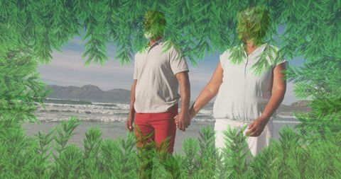 Couple Walking on Serene Beach with Evergreen Border
