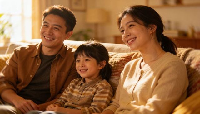 Smiling family relaxing on cozy sofa with warm lighting and patterned cushions