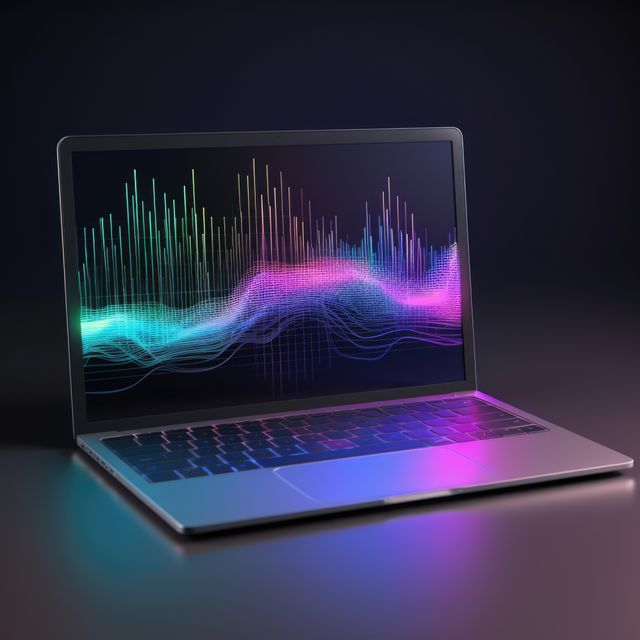 Digital data processing over laptop screen, created using generative ai technology. Global technology, data processing and electronic devices concept digitally generated image.