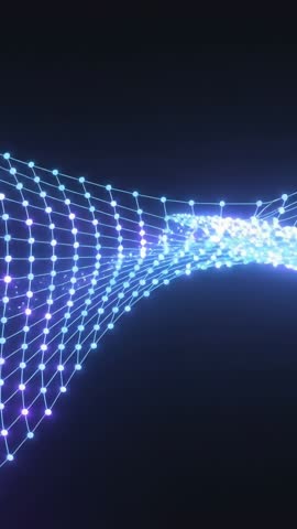 Drifting neon mesh wave entering void, pulsing cyan nodes looping vertical video