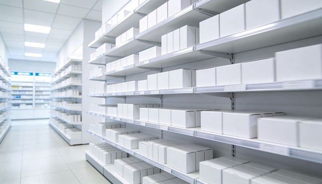 Displaying sterile pharmacy shelves filled with white product boxes and label strips