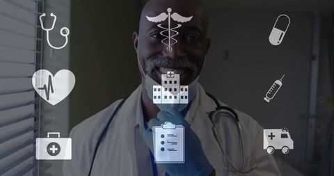 Smiling physician pulling mask with medical icons overlay signaling trust in healthcare