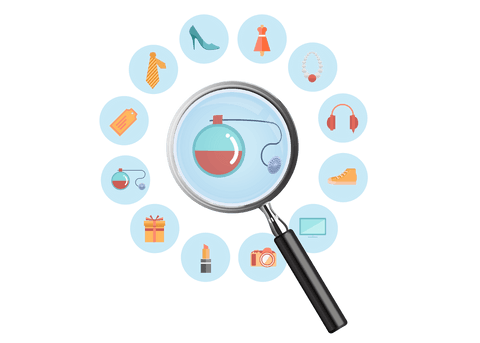 Colorful symbols with magnifying glass on transparent background