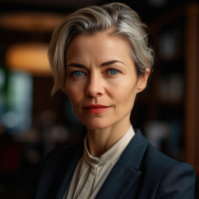 Confident businesswoman with short blonde hair in professional attire standing in office environment. Ideal for use in articles or marketing materials related to leadership, female empowerment, corporate roles, office work, and career success.