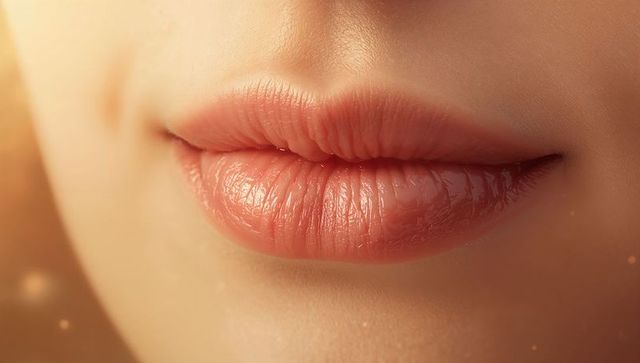 Glossy lips close-up with warm glow and cheek dimple, smooth skin texture and bokeh